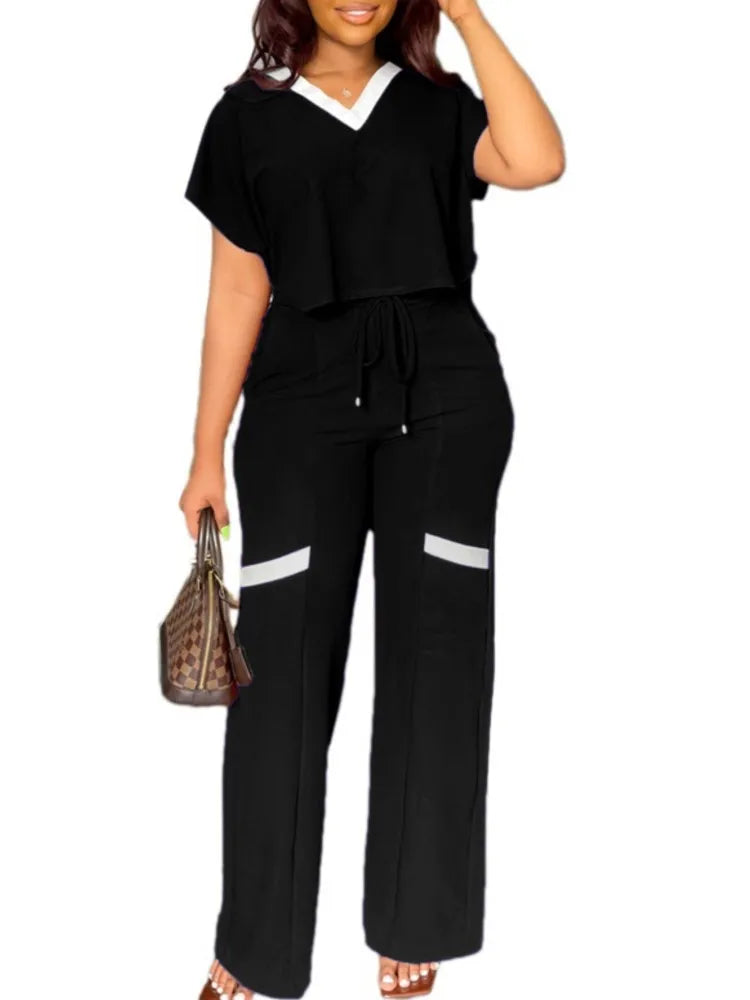 Elegant Women's Casual Short Sleeve T-shirt Sports Suit Summer Fashion Solid V Neck Short Top & Straight Pants Two Piece Sets - JN Fashion Fusion