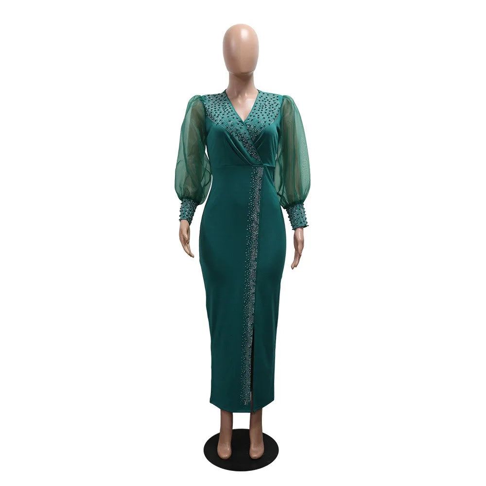 Sexy Nightclub Party Dance Gathering Club Banquet Rhinestone Puff Sleeve Stretch V-Neck Long Dress