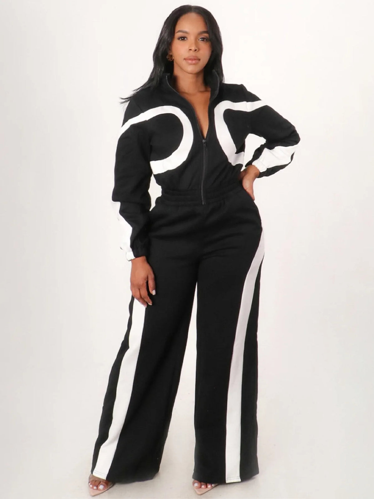 Casual patchwork jumpsuit for women by JN Fashion Fusion, featuring full sleeves, lapel collar, zip front, and straight fit.