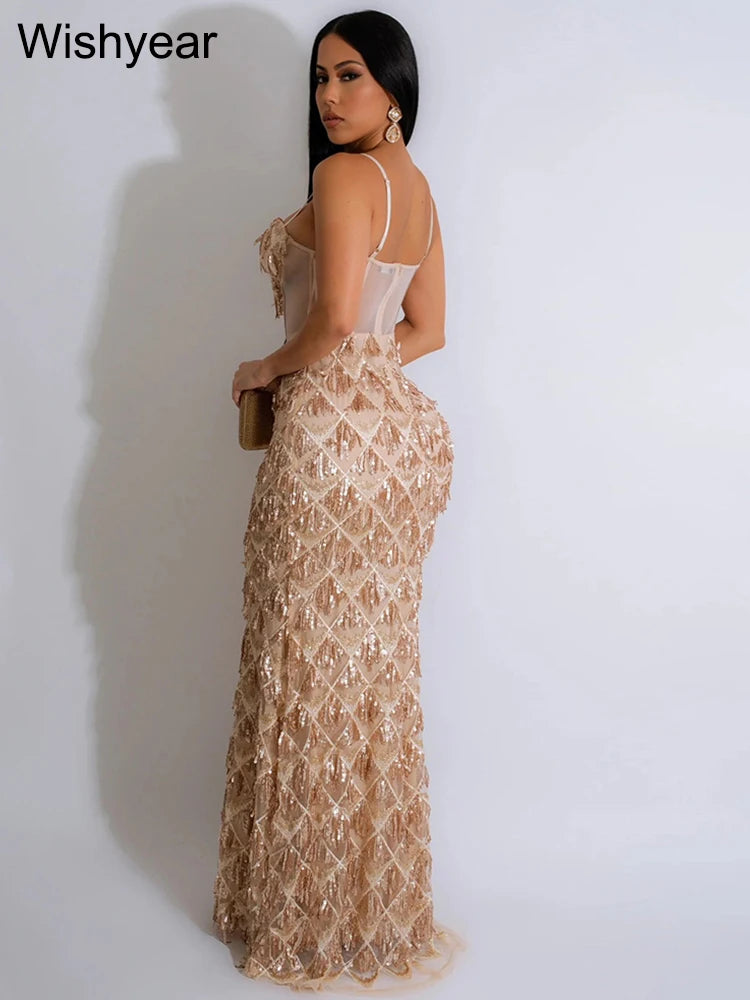 Wishyear Sexy Nightclub Birthday Even Party Dresses for Women Sequined Spaghetti Stap Mesh Patchwork Tunic Bodycon Maxi Vestidos - JN Fashion Fusion