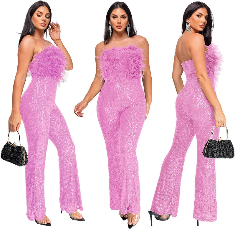 Sliver Bling Bling Sequined Club Jumpsuit Women Strapless Elegant Sparky Gold Sequins Party Romper Overalls