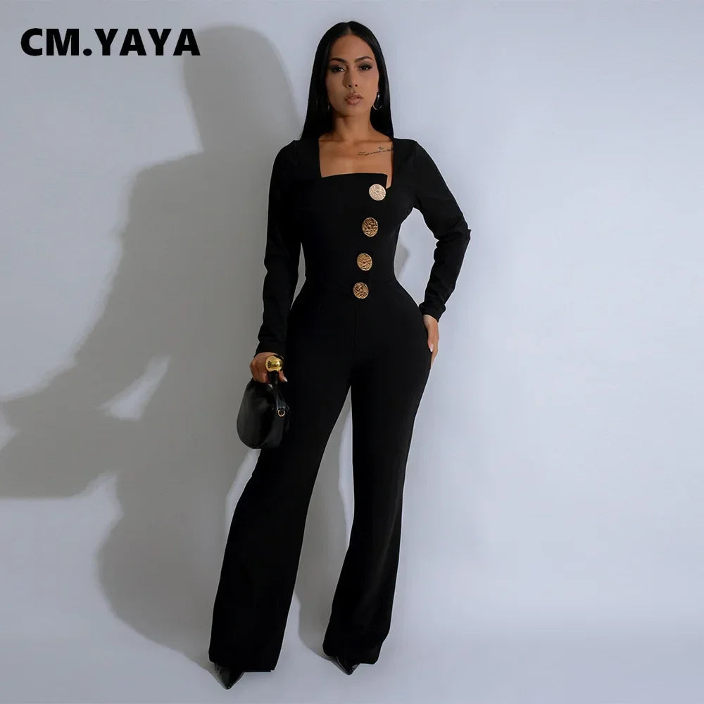 CM.YAYA Elegant Button Long Sleeve Irregular Girl Jumpsuits 2025 Spring Women's Overalls Outfits Night Club Streetwear One Piece - JN Fashion Fusion
