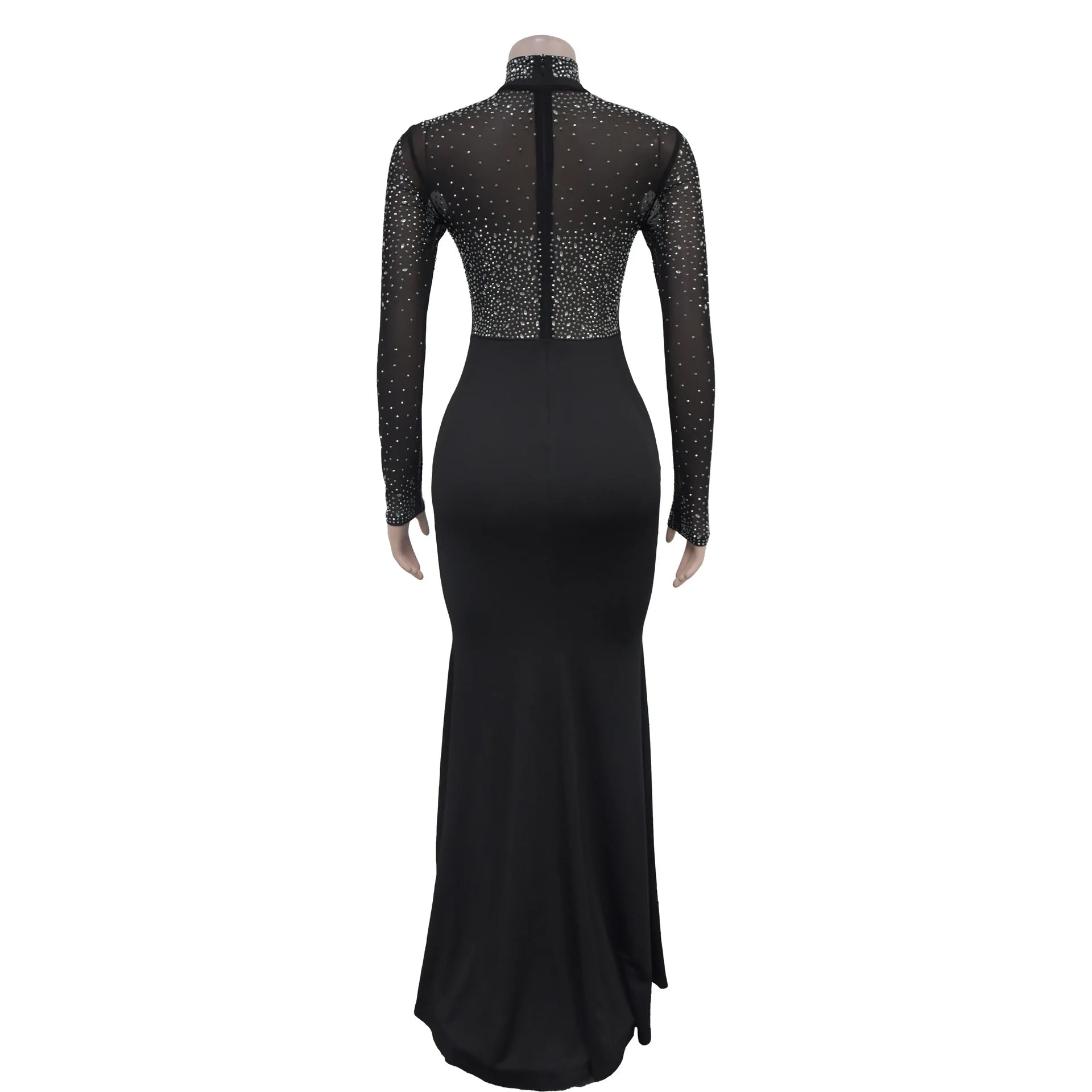 HBLL Sexy Mesh Patchwork Skinny Maxi Dress Women Rhinestone Long Sleeve See Through Bodycon Birthday Clubwear Celebrity Dress - JN Fashion Fusion