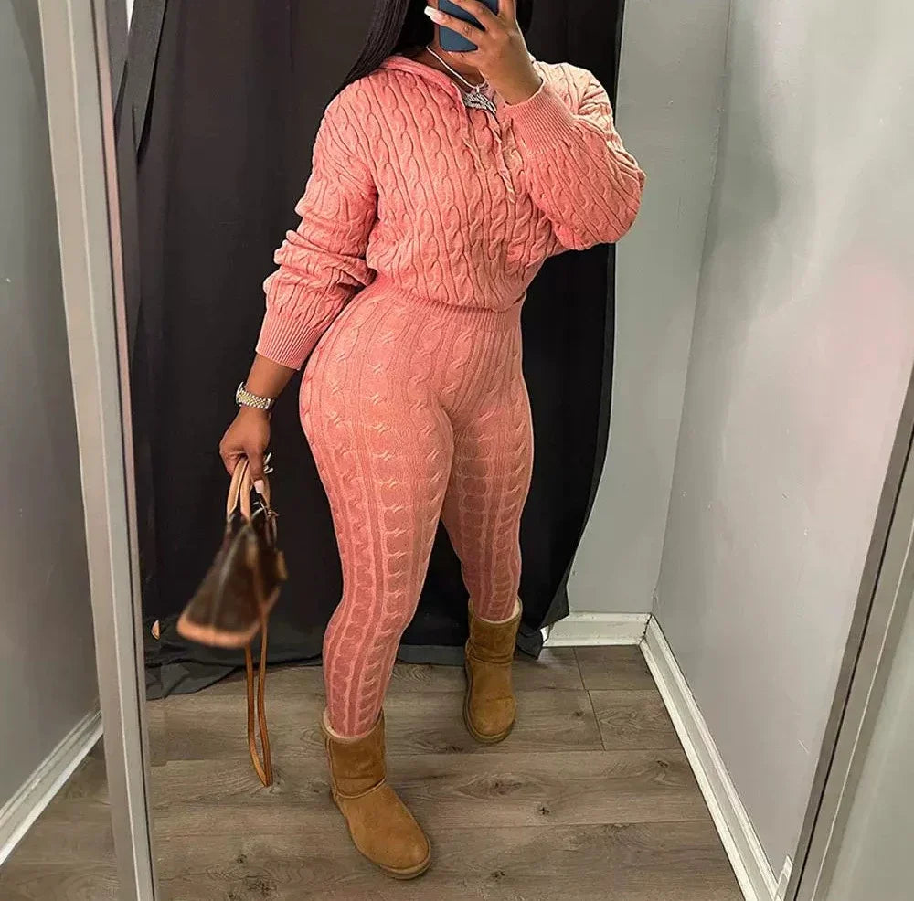 2 Piece Sets Womens Outfits Fashion Long Sleeve Cable Knit Hooded Sweater & Pants Suit Streetwear 2024 Autumn Winter Casual New - JN Fashion Fusion