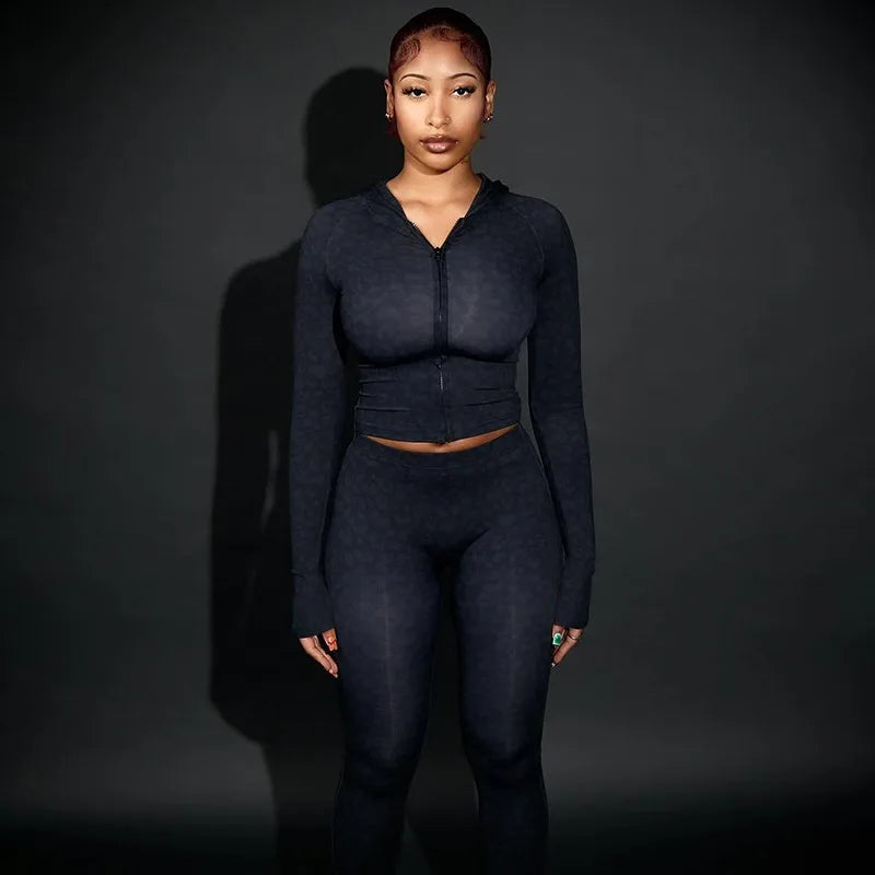 FAGADOER Fashion Leopard Print 2 Pieces Set for Woman Outfits Zip Long Sleeves Hooded Jacket+Leggings Matching Female Streetwear - JN Fashion Fusion