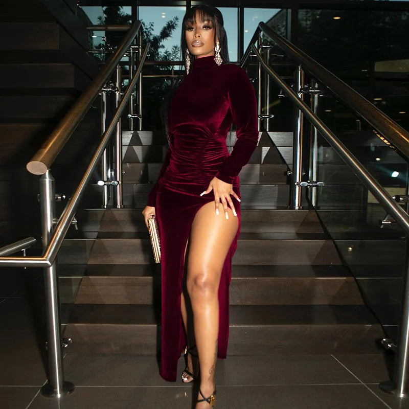 Women's autumn and winter style high-necked long-sleeved velvet dress slim pleated slit dress - JN Fashion Fusion