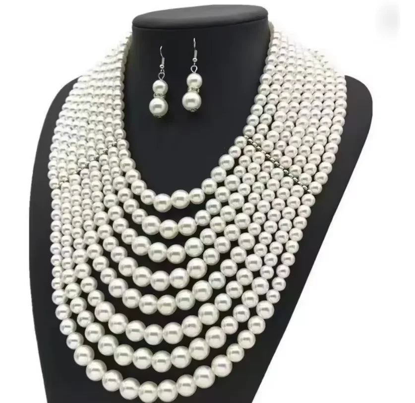 Charm Exaggerated Multi-layer Pearl Necklace Earring Women Versatile Fashion Accessories Personalized Bride Wedding Jewelry Set - JN Fashion Fusion