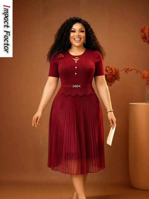 JN Fashion Fusion summer pleated crew neck slim dress featuring splicing design and medium length pleats for women.