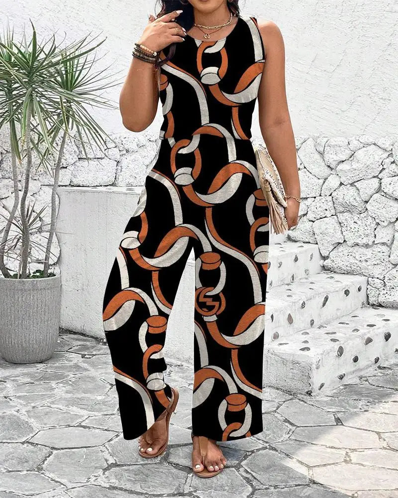 Artistic Geometric Pattern Jumpsuit Women's Summer Sleeveless Slim Art Clothing Fashionable Casual Vacation Wide-leg Jumpsuit - JN Fashion Fusion
