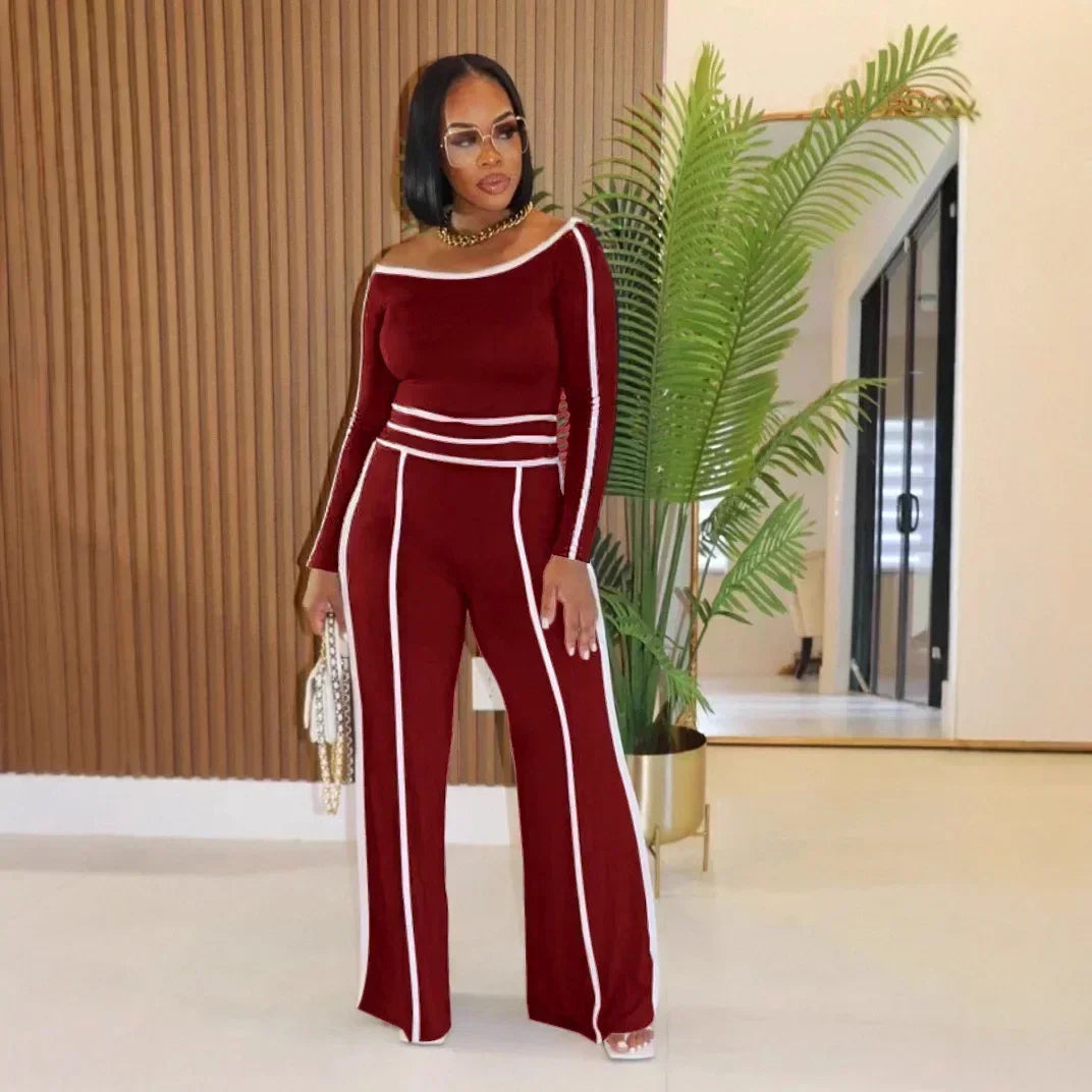 JN Fashion Fusion high-waist wide-leg pants with a diagonal collar, elastic splicing, and long sleeves, perfect for commuting and leisure.
