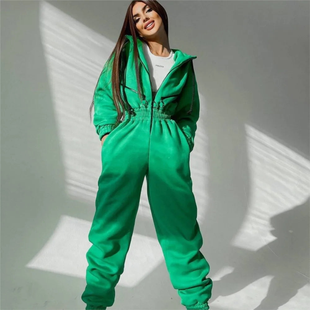 Casual Hooded Sweatshirt Women's Jumpsuits New Autumn And Winter Warm Half Zipper Slim Waist Trotter Female  Sports Rompers 2025 - JN Fashion Fusion