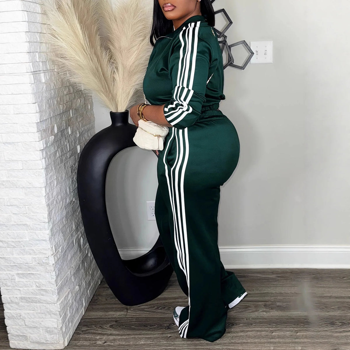 JN Fashion Fusion women's 2-piece streetwear set with bold stripe patchwork, solid color crop top and matching pants, long sleeves.