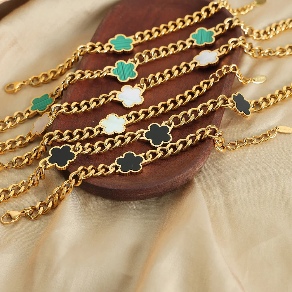 Elegant Stainless Steel New Hip Hop Cuban Link Five Leaf Flower Set Shell Bracelet Necklace Women's Minimalist Chain Jewelry - JN Fashion Fusion