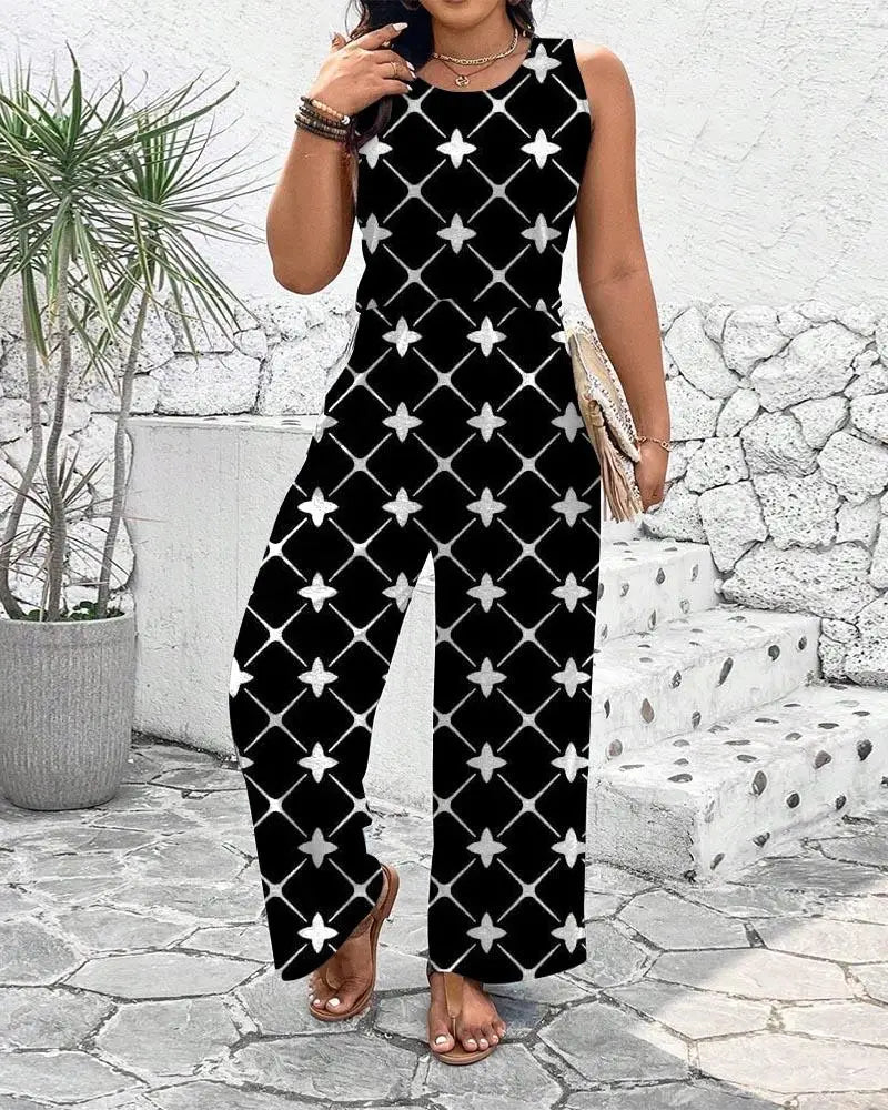 Artistic Geometric Pattern Jumpsuit Women's Summer Sleeveless Slim Art Clothing Fashionable Casual Vacation Wide-leg Jumpsuit - JN Fashion Fusion