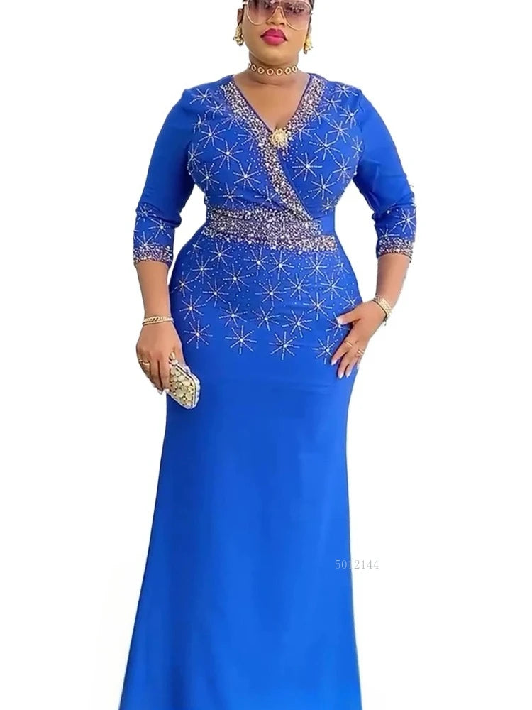 African Dresses for Women Summer African Long Sleeve V-neck Velvet Black Blue Long Dress Dashiki African Clothes Maxi Dress
