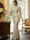 Women Elegant Dress Cocktail Party Long Sleeve Elegant Sequins Lady Temperament Golden Color O-neck Banquet Maxi Clothing - JN Fashion Fusion