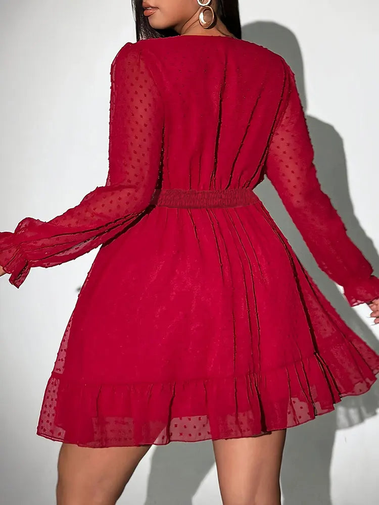 New Sexy V-Neck Short Dress Plus Size Solid Polka Dot Long-Sleeve American Slim A-Line Skirt Elegant Party Women's Evening Dress - JN Fashion Fusion