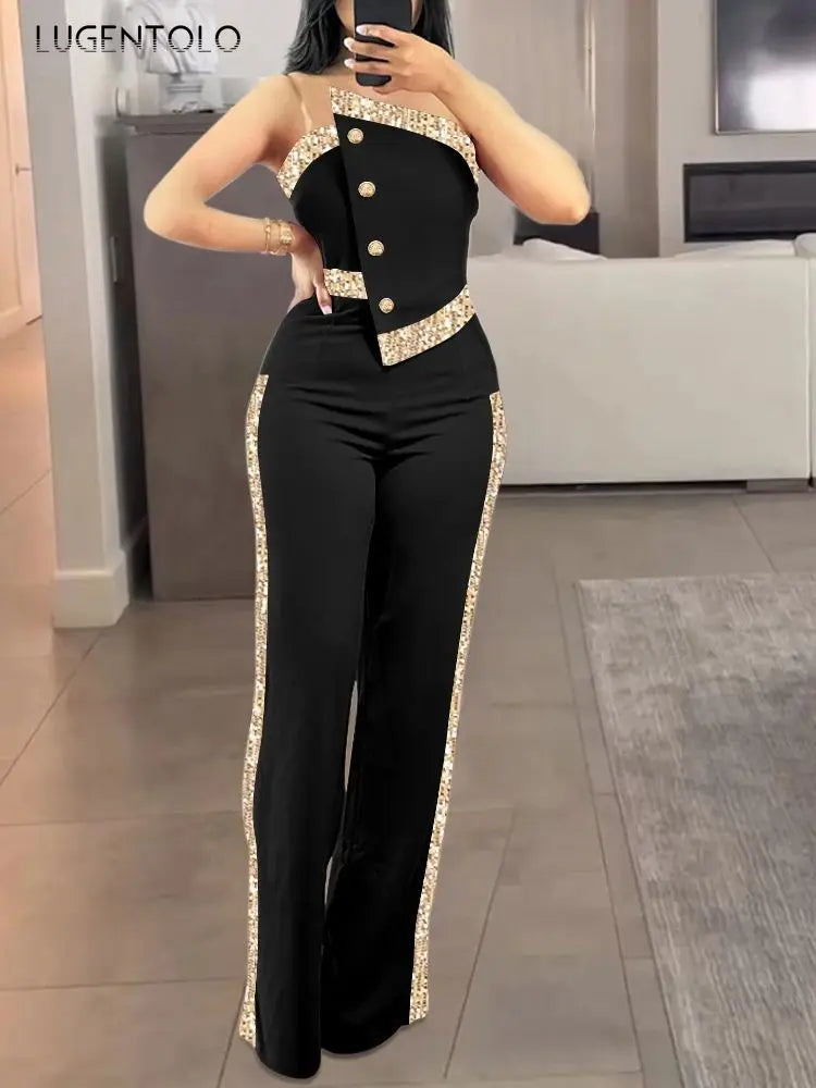 Women Contrast Sequin Jumpsuit Sexy Strapless Jumpsuits Lady Elegant Party 2025 Button Decor Casual Wide Leg Rompers - JN Fashion Fusion