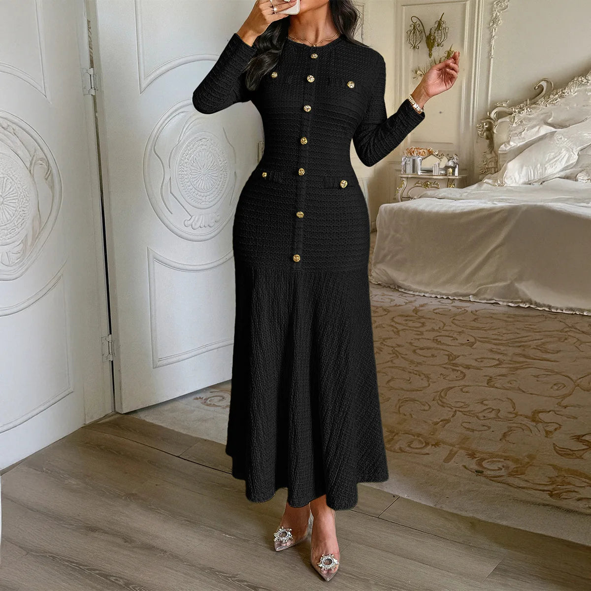 Long Dress for Women 2025 Autumn Elegant Style Birthday Dresses Long Sleeved Solid Color Women Clothing - JN Fashion Fusion