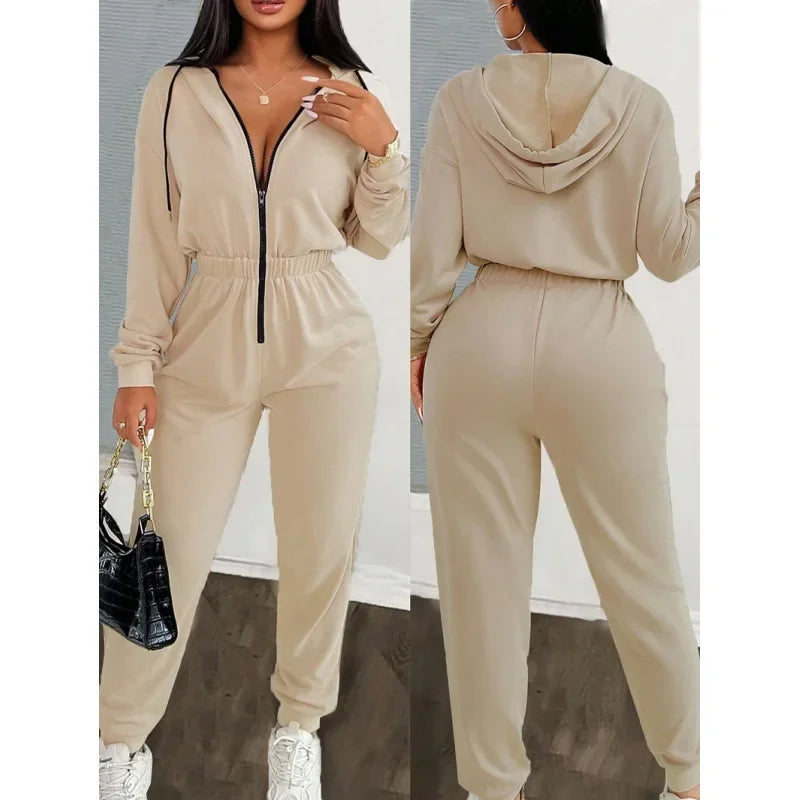 2024 Autumn/Winter Casual Drawstring Hooded Jumpsuit Women's Fashionable Cross-border Style Overalls Wholesale