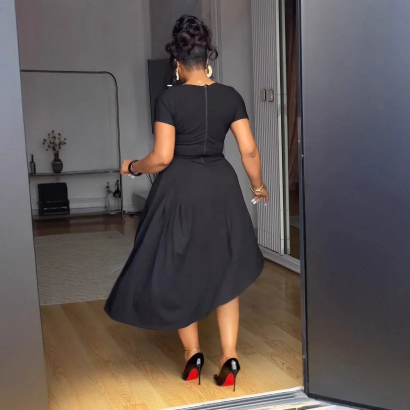 Elegant Round-Neck Button-Decorated Pleated Dress Irregular Slit Hem Commuting Dress 2026 Style for Women