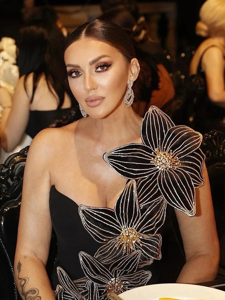 Sexy One Shoulder Sleeveless Diamonds Flower Bandage Dress Women Black High Slit Bodycon Long Dress Elegant Party Celebrity Club - JN Fashion Fusion