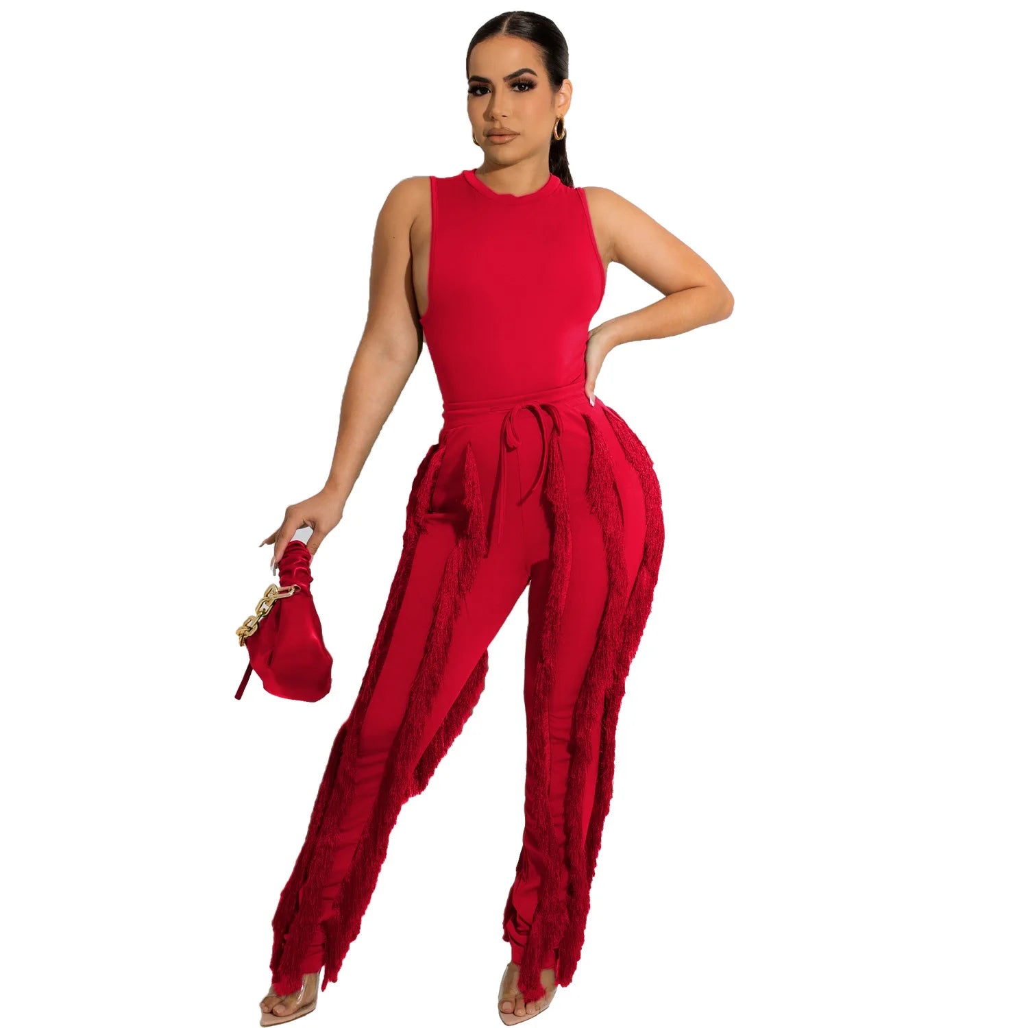 Elegant Women's Tracksuit Tank Top and Tassel Side Straight Pants Suit Streetwear 2026 INS Two 2 Piece Set Outfits - JN Fashion Fusion
