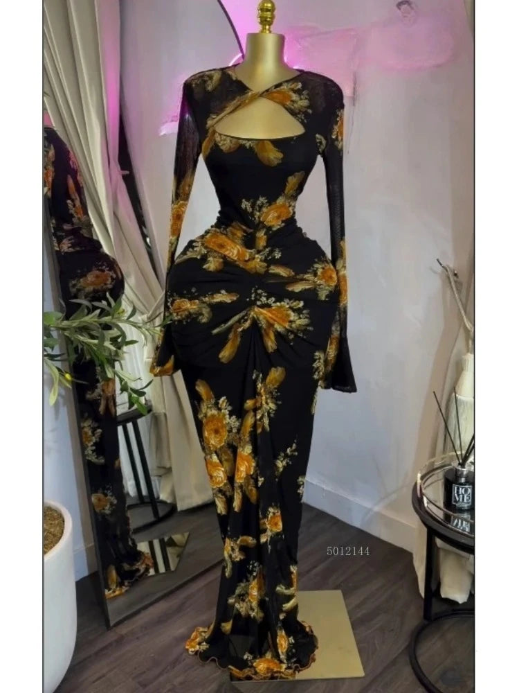 Sexy Women Floral Printed Wrap Neck Cutout Stacked Ruched Midi Bodycon Maxi Dress Sexy Parties Birthday Holiday Long Dresses - JN Fashion Fusion
