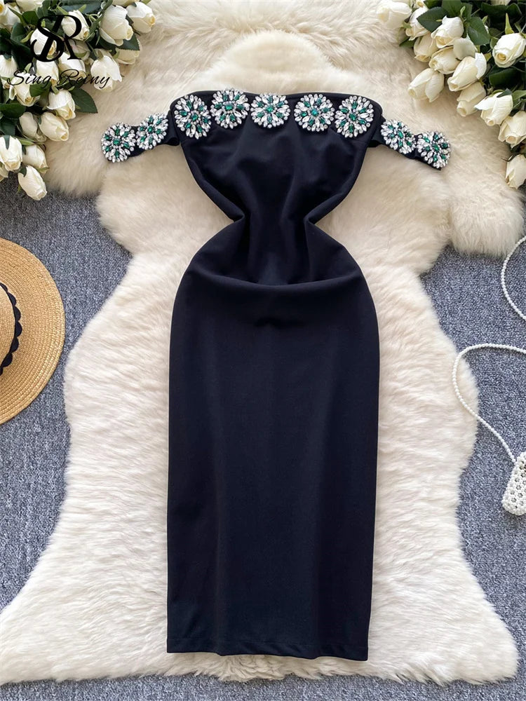SINGREINY French Senior Evening Dress Women Diamonds Off The Shoulder Hotsweet Chic Fashion Elegant Skinny Split Midi Sundress - JN Fashion Fusion