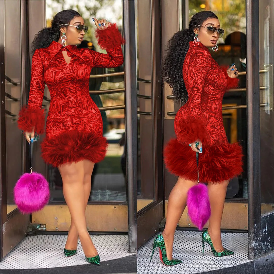 2024 cross-border hot fashion, elegant and sexy printed long sleeved lapel splicing plus size hip hugging slim fit dress - JN Fashion Fusion