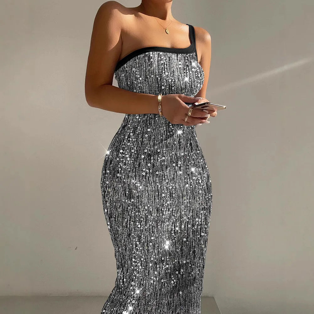 Women Sexy Slim Glitter Lurex One Shoulder Spaghetti Strap Slim Fit Bodycon Allover Sequin Midi Evening Dress - JN Fashion Fusion