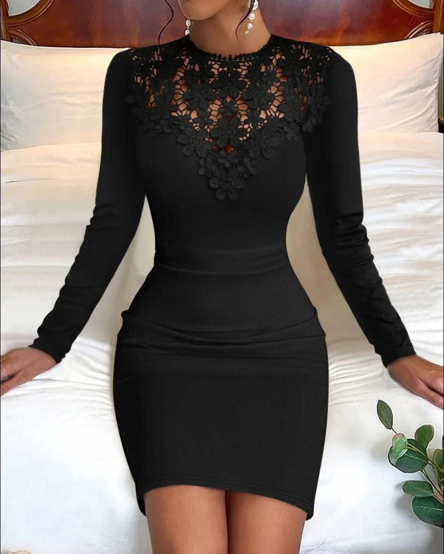 Wrap Buttocks Sheath Women Dresses Lace Sexy Dress Solid O Neck High Waist Vestidos Long Sleeve Slight Strech Slim Autumn