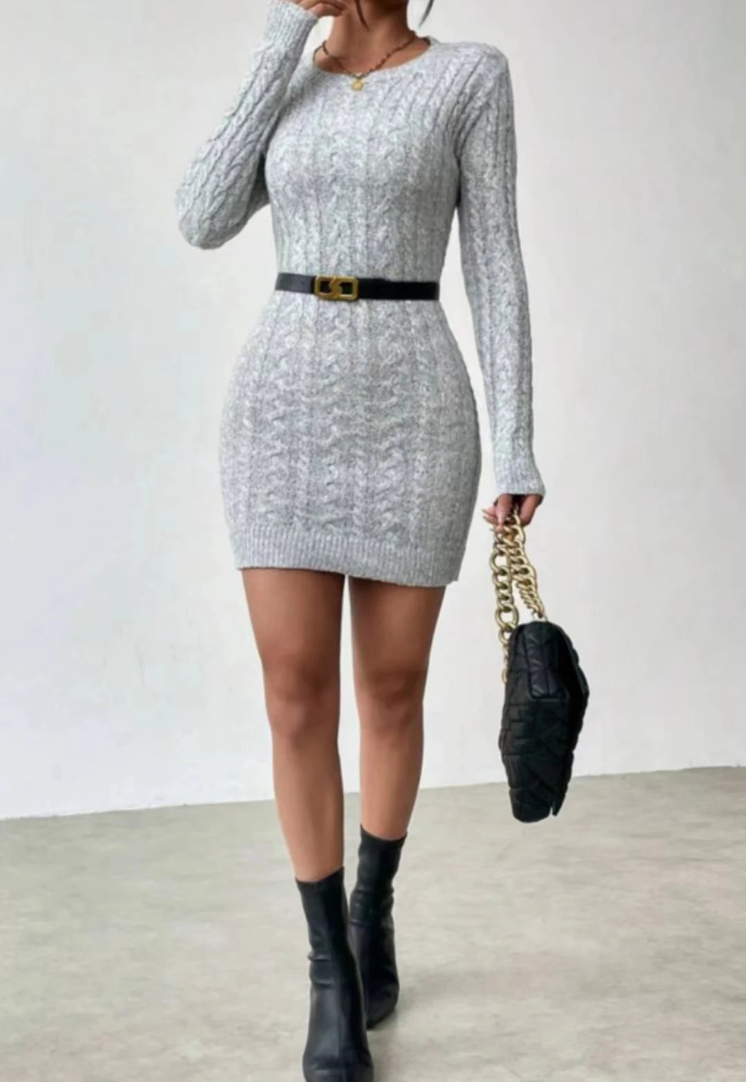 Spice Girl niche temperament slim knit crew neck dress Women's new autumn and winter slim base with short skirt - JN Fashion Fusion
