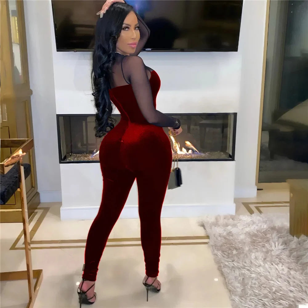 Sexy Sheer Mesh Patchwork Velvet Jumpsuit Women Long Sleeve Skinny Rompers Womens Jumpsuit Elegant Slim Bodycon Party Overalls