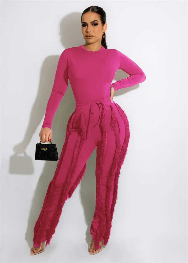 Elegant women's 2-piece fall winter outfit with long sleeve bodysuit top and tassel pants from JN Fashion Fusion.