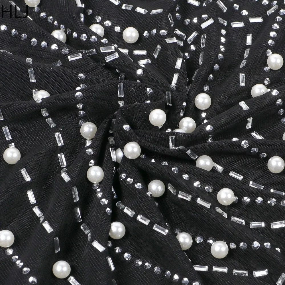 HLJ Black Fashion Feather Splicing Pearls Rhinestone Bodycon Party Club Mini Dresses Women Round Neck Long Sleeve Slim Vestidos - JN Fashion Fusion