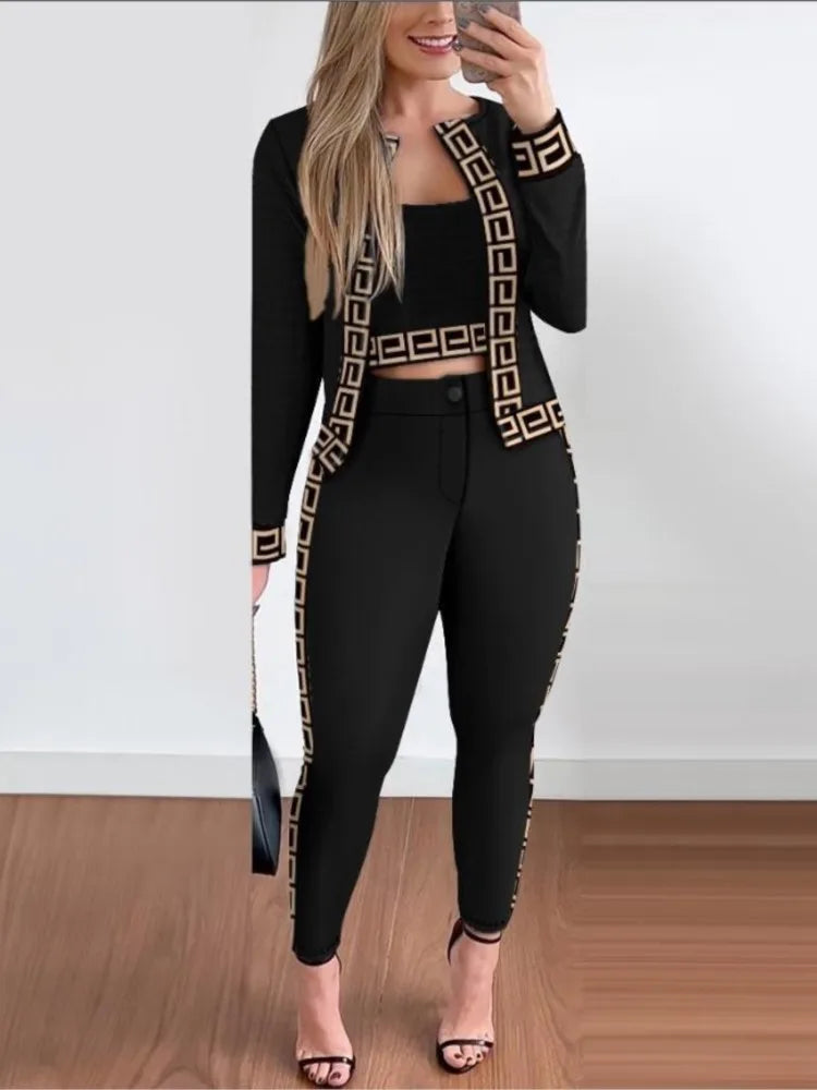 Women’s Trend Print Pants Set by JN Fashion Fusion featuring a long sleeve coat, camisole, and slim trousers for spring and autumn.