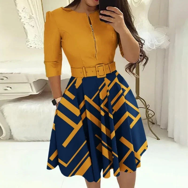 Fashion Women Patchwork A-line Dresses Autumn/Winter Round Neck Printed Belt Party Dress Elegant Office Lady Zipper Dress - JN Fashion Fusion