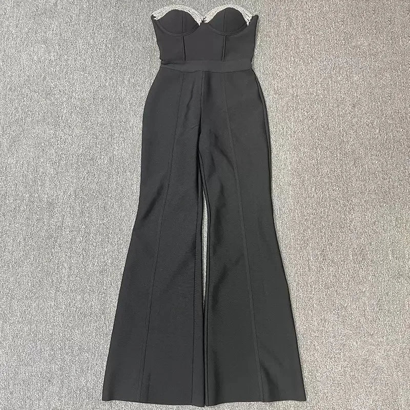 Fashion Celebrate Sequin Beads Women Sexy Strapless Bodycon Bandage Jumpsuit Runway Nightclub Party Luxury Birthday Outfits