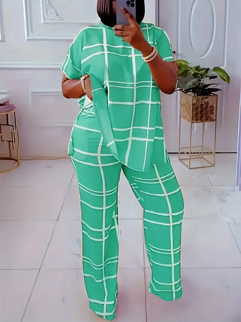 Short Sleeve 2 Piece Women Sets 2026 Spring Summer Matching Sets Stripe Print Two Pieces Sets Top Pants Suits Outfits Clothing