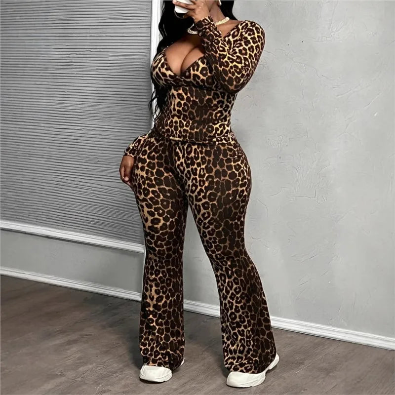 sexy Women's 2-piece Sets Suit Spring Summer Large size women deep v-neck  two-piece leopard long-sleeve trousers set clothing - JN Fashion Fusion