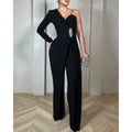 Autumn Casual One-Shoulder Rhinestone Decor Strap Slim Waist Jumpsuit Long Sleeve Wide Leg Black Romper for Women Party Wear