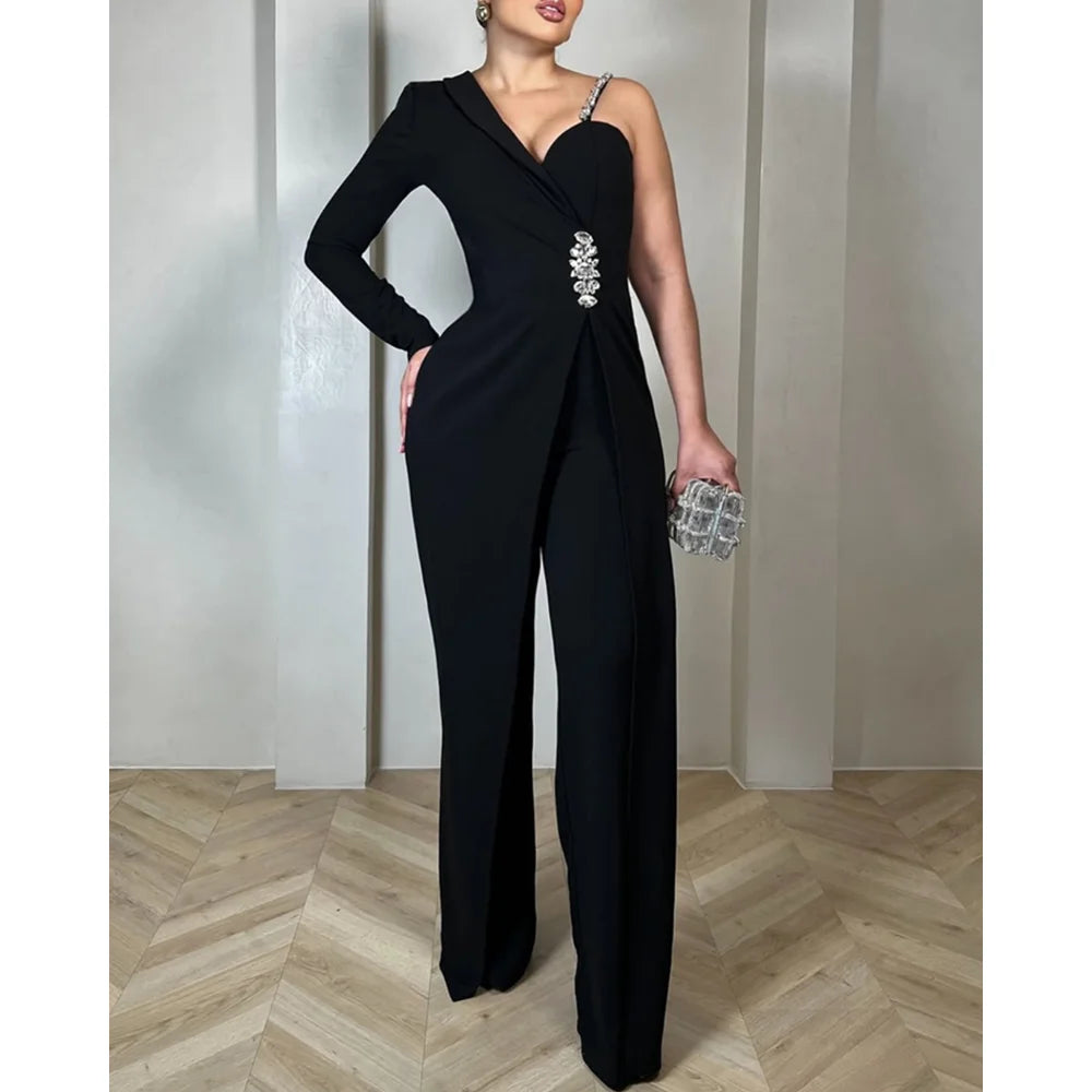 Autumn Casual One-Shoulder Rhinestone Decor Strap Slim Waist Jumpsuit Long Sleeve Wide Leg Black Romper for Women Party Wear