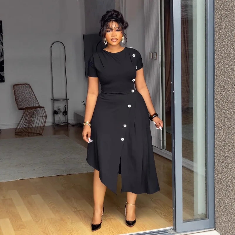 Elegant Round-Neck Button-Decorated Pleated Dress Irregular Slit Hem Commuting Dress 2026 Style for Women