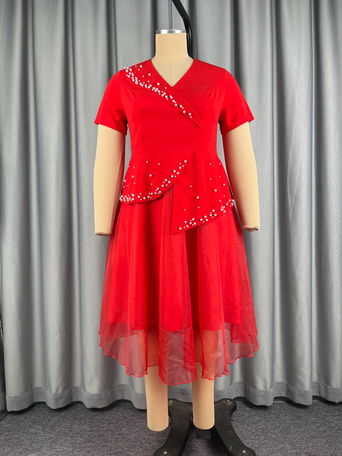 Red elegant women’s A-line festival dress with V-neck, short sleeves, beading, peplum, mesh hem, suitable for party, church, or wedding.
