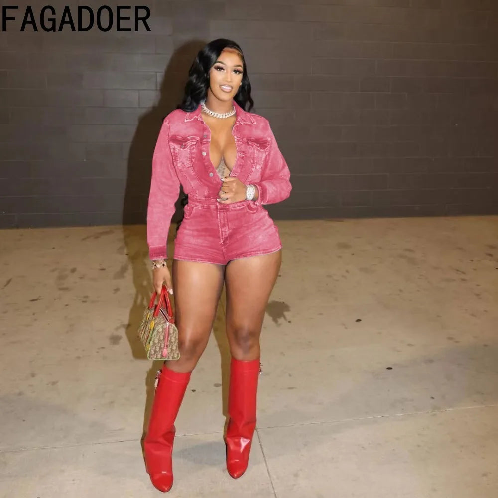 FAGADOER Trendy Denim Bodycon Rompers Women Button Stretchy One Piece Jeans Jumpsuits Fashion Female Streetwear Overalls New