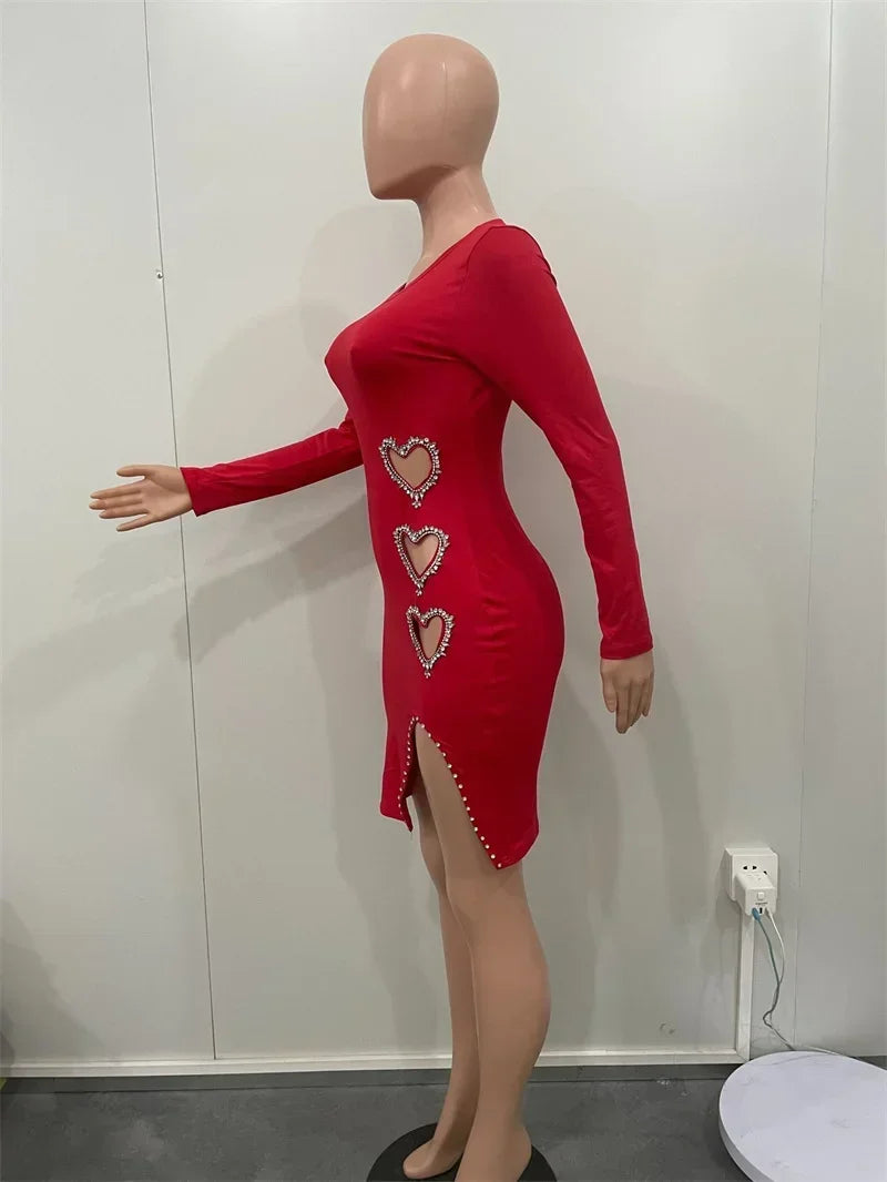 Diamonds Heart-shaped Love Birthday Dress for Women Night Party Long Sleeve Hollow Out Side Slit Bodycon Mini Dresses Clubwear - JN Fashion Fusion