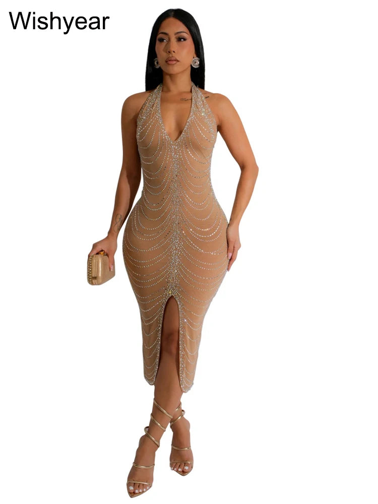 New Sexy Diamonds Halter Black Party Bodycon Midi Dress Women Sleeveless Backless Front Split Birthday Night Prom Club Vestidos - JN Fashion Fusion