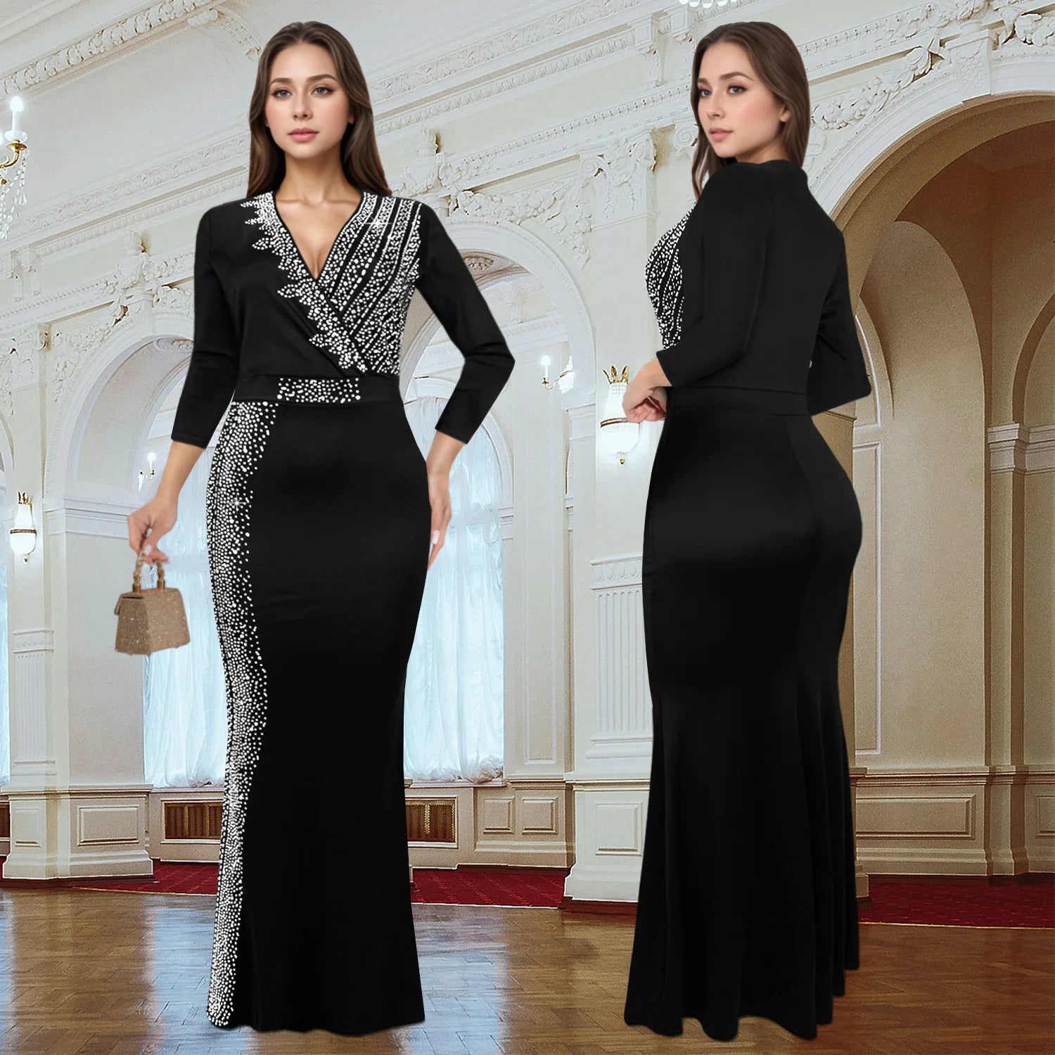 Hot Sale Of The Season Women's Waist Wrap Long Dress Temperament Solid Color Skinny Deep V Neck Lady Decor Dinner Dress Clothes - JN Fashion Fusion