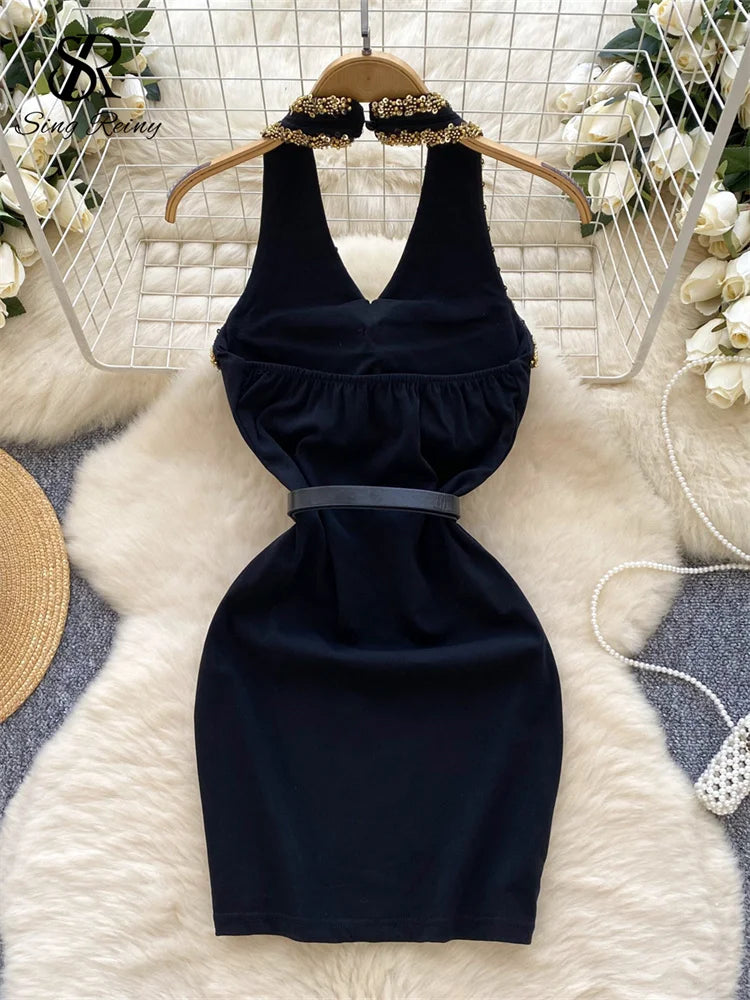 SINGREINY French Senior Short Dress Ladies V Neck Halter Backless With Belt Slim Sundress Beading Sequins Fashion Chic Dress - JN Fashion Fusion